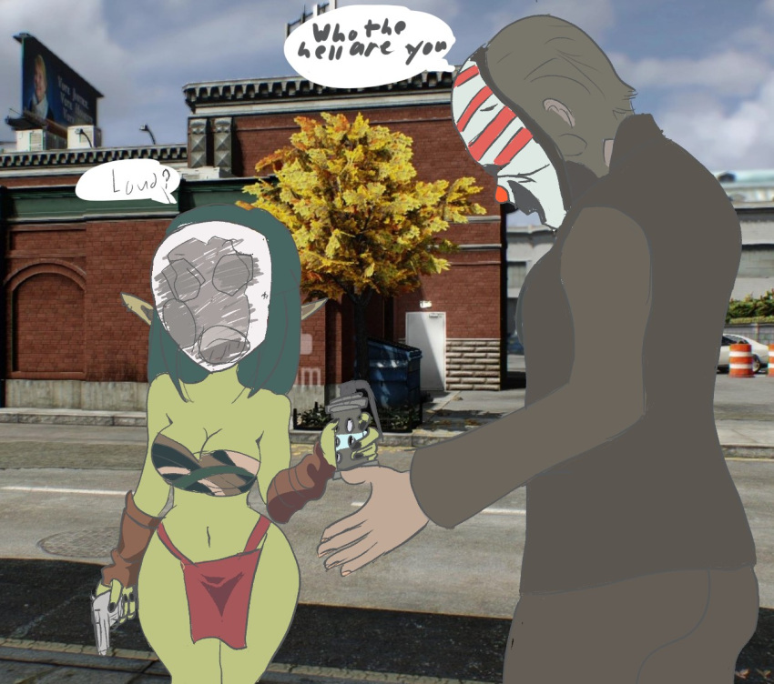 bottomwear clothed clothing dallas_(payday) duo female flashbang goblin goblin_ears green_body green_skin gun human humanoid just_nollie loincloth male male/female mammal mask partially_clothed payday payday_(series) ranged_weapon speech_bubble spy_mask_(team_fortress_2) suit weapon wraps wrist_wraps