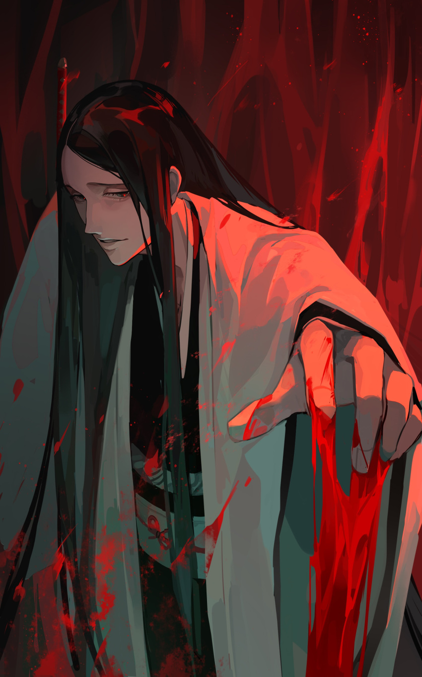 1girl absurdres black_hair black_kimono bleach bleach:_the_thousand-year_blood_war blood blood_drip blood_on_clothes blood_on_hands fan_yeyeyeyeye haori highres japanese_clothes kimono long_hair looking_at_viewer parted_lips shinigami solo sword taichou_haori unohana_retsu very_long_hair weapon