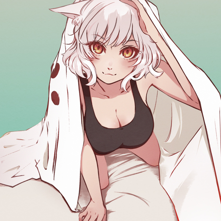 1girl :3 all_fours animal_ears arm_support bakeneko black_hanekawa black_shirt breasts cat_ears cat_girl cleavage closed_mouth collarbone commentary english_commentary hanekawa_tsubasa large_breasts monogatari_(series) monokarumaru nekomonogatari shirt short_hair smile white_hair yellow_eyes