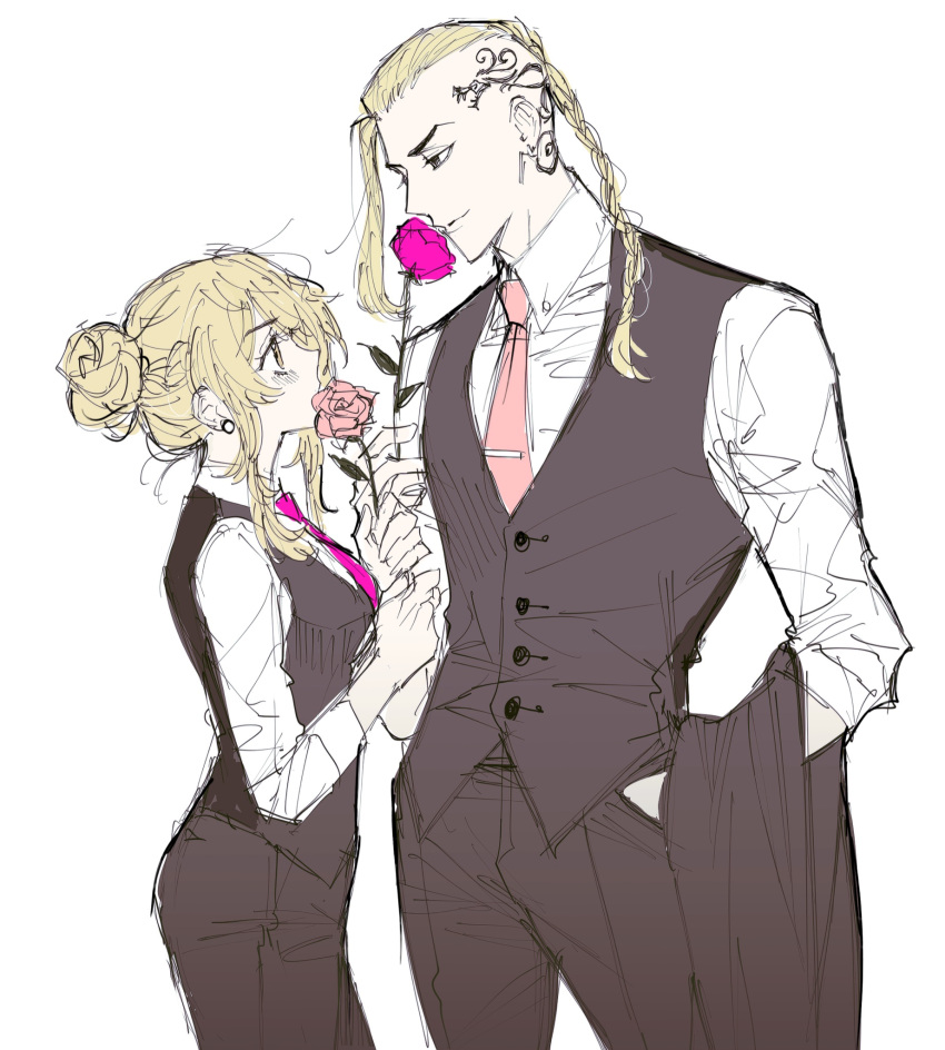 1boy 1girl blonde_hair braid collared_shirt earrings flower grey_pants grey_vest hair_bun hand_in_pocket head_tattoo highres holding holding_flower jewelry long_sleeves necktie pants pink_flower pink_necktie pink_rose remsrar rose ryuuguuji_ken sano_emma shirt tie_clip tokyo_revengers vest white_shirt