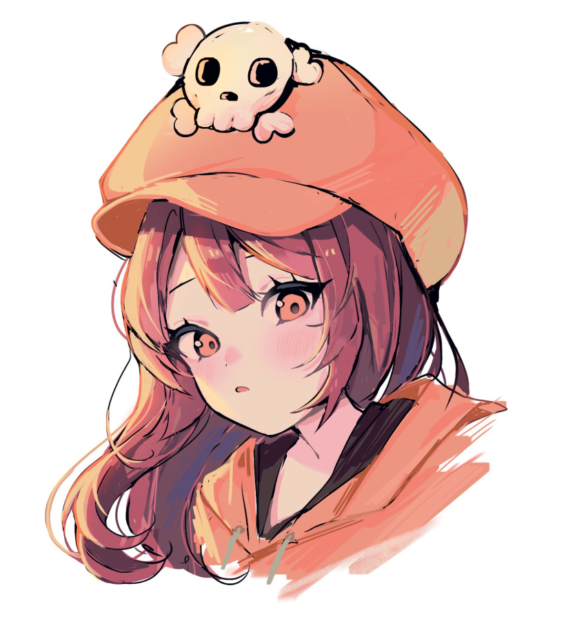 blush brown_hair guilty_gear hat_ornament highres hood hoodie may_(guilty_gear) moenaomii_(artist) orange_eyes orange_headwear orange_hoodie skull_and_crossbones skull_hat_ornament