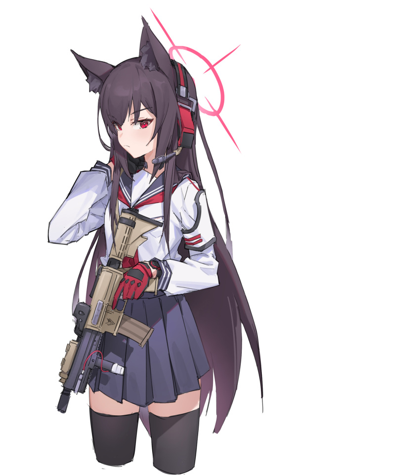 1girl absurdres animal_ears assault_rifle black_thighhighs blue_archive blue_sailor_collar blue_skirt brown_hair closed_mouth cropped_legs ear_protection fox_ears gloves gun h&amp;k_hk416 halo highres holding holding_gun holding_weapon ken_rqll light_blush long_hair looking_at_viewer neckerchief pleated_skirt red_eyes red_gloves red_neckerchief rifle sailor_collar school_uniform skirt solo thighhighs trigger_discipline weapon yukino_(blue_archive)