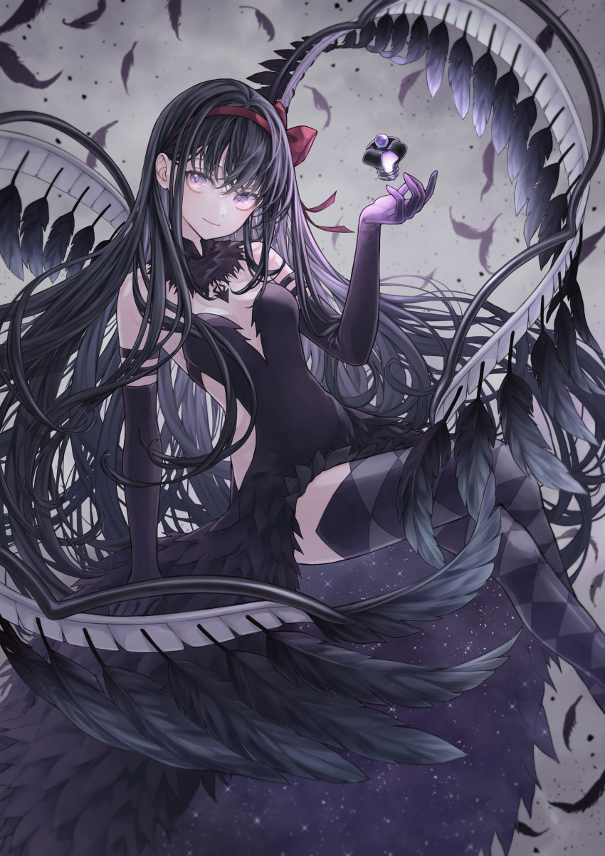 1girl absurdres akemi_homura akuma_homura argyle argyle_legwear bare_shoulders black_dress black_feathers black_gloves black_hair black_thighhighs black_wings bow breasts crown demon_girl detached_collar dress elbow_gloves falling_feathers feather-trimmed_dress feathers gloves grey_sky hair_bow hairband highres long_hair looking_at_viewer low_wings mahou_shoujo_madoka_magica mahou_shoujo_madoka_magica:_hangyaku_no_monogatari mini_crown purple_eyes red_bow red_hairband riri_(ririwaldorf) sky small_breasts solo thighhighs very_long_hair wings