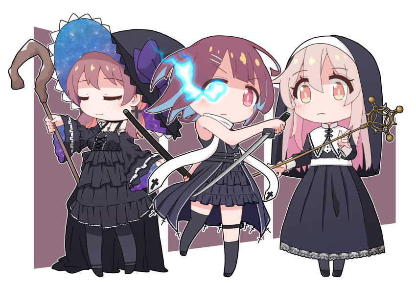 3girls alternate_costume asymmetrical_legwear bare_arms bare_shoulders black_dress black_pantyhose black_socks black_thighhighs bow bright_pupils brown_eyes brown_hair chibi closed_eyes closed_mouth commentary cross cross_earrings detached_sleeves dress earrings expressionless flaming_eye frilled_dress frilled_sleeves frills full_body grey_hair habit hat hat_bow highres holding holding_scepter holding_sheath holding_staff holding_sword holding_weapon hozuki_momiji jewelry katana kneehighs long_dress long_hair long_sleeves looking_at_viewer low_twintails madwhippedcream medium_hair multicolored_hair multiple_girls murosaki_miyo nun onii-chan_wa_oshimai! outline oyama_mahiro pantyhose purple_bow red_hair reverse_grip scarf scepter sheath short_dress simple_background single_kneehigh single_sock single_thighhigh sleeveless sleeveless_dress socks staff standing standing_on_one_leg sword thigh_strap thighhighs traditional_nun twintails two-tone_hair wavy_mouth weapon white_outline white_scarf wide_sleeves witch_hat