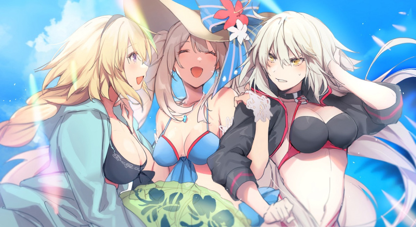 3girls :d adjusting_hair alternate_costume beach bikini black_bikini black_jacket blonde_hair blue_bikini blue_sky blue_sweater blush breasts cleavage closed_eyes collar collarbone commentary_request cropped_jacket day fate/grand_order fate_(series) gem grey_hair hairband hat holding_another's_arm jacket jeanne_d'arc_(fate) jeanne_d'arc_(swimsuit_archer)_(fate) jeanne_d'arc_(swimsuit_archer)_(first_ascension)_(fate) jeanne_d'arc_alter_(fate) jeanne_d'arc_alter_(swimsuit_berserker)_(fate) jewelry large_breasts long_hair looking_at_another marie_antoinette_(fate) marie_antoinette_(swimsuit_caster)_(fate) marie_antoinette_(swimsuit_caster)_(third_ascension)_(fate) medium_breasts multiple_girls navel necklace no-kan open_mouth outdoors purple_eyes short_hair short_twintails shrug_(clothing) sky smile sun_hat sweatdrop sweater swimsuit twintails white_hair yellow_eyes