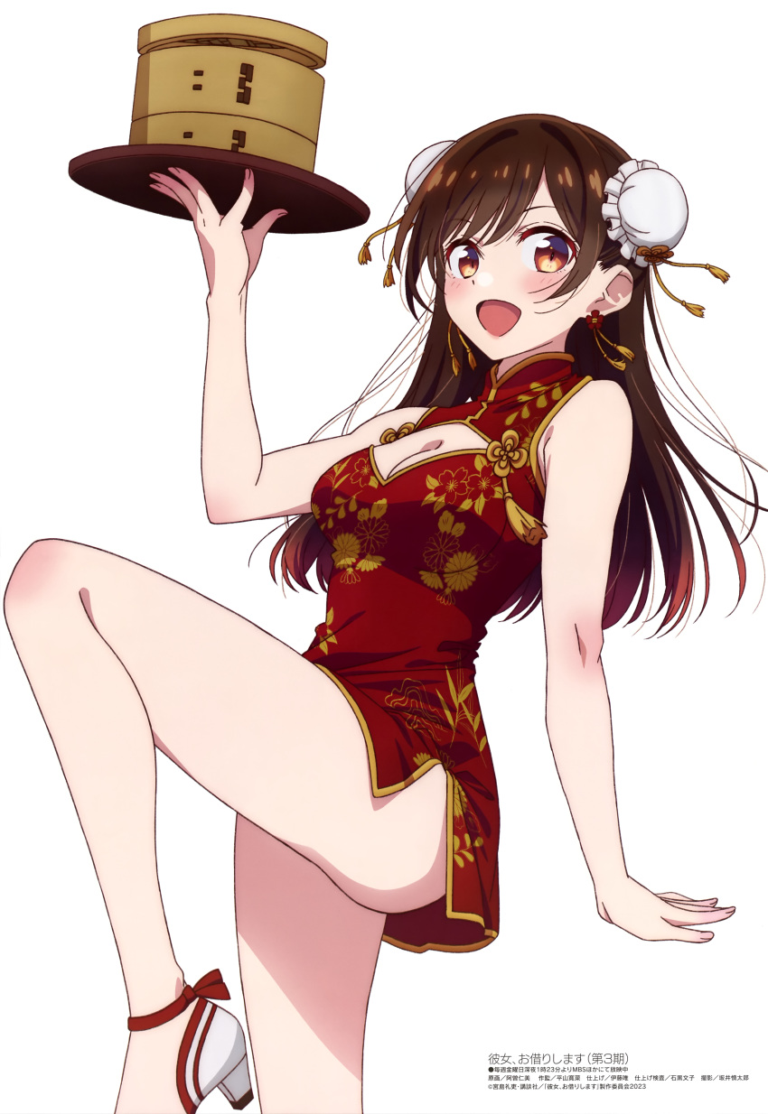 1girl absurdres bare_arms blush breasts brown_eyes bun_cover china_dress chinese_clothes cleavage cleavage_cutout clothes_lift clothing_cutout double_bun dress hair_bun high_heels highres holding holding_tray kanojo_okarishimasu long_hair looking_at_viewer medium_breasts megami_magazine mizuhara_chizuru official_art open_mouth red_dress scan simple_background skirt skirt_lift smile solo standing standing_on_one_leg thighs tray white_background white_footwear
