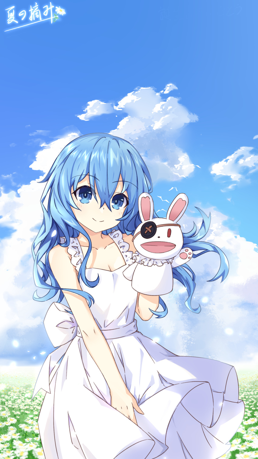 1girl absurdres bare_shoulders blue_eyes blue_hair breasts cleavage closed_mouth cloud cloudy_sky collarbone date_a_live day dress eyepatch field flower flower_field hair_between_eyes hand_puppet highres long_hair outdoors puppet rabbit_puppet seventh-natsu sky sleeveless sleeveless_dress solo sundress white_dress yoshino_(date_a_live) yoshinon