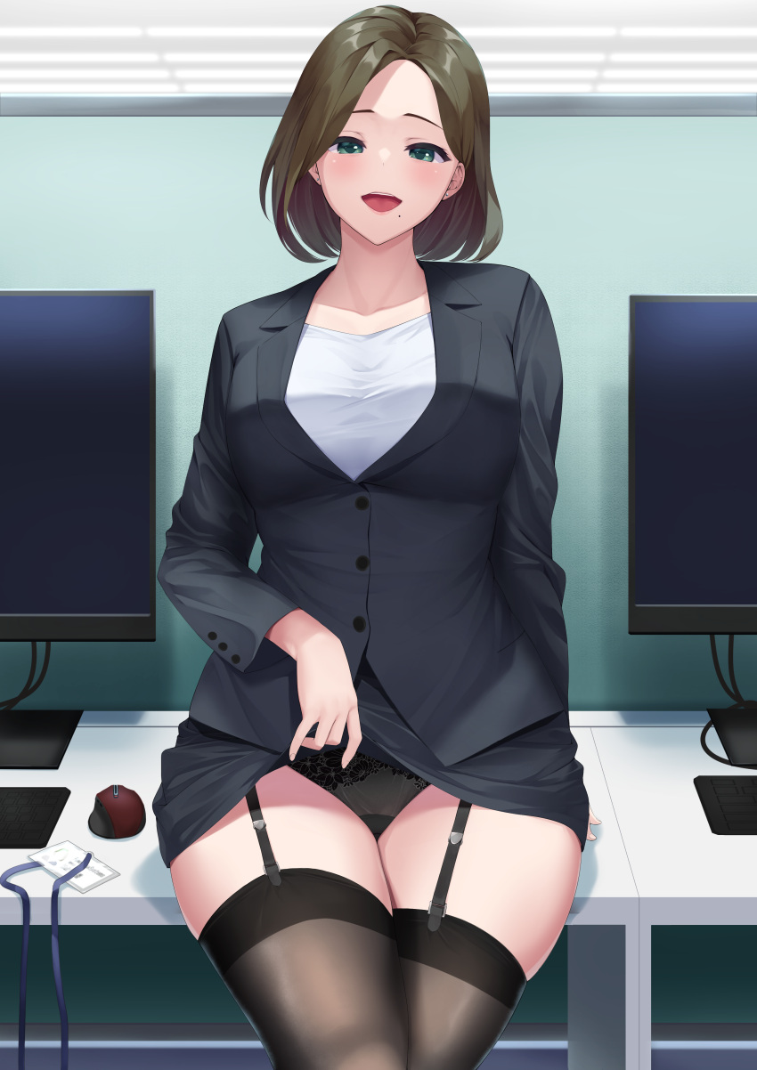 1girl :d absurdres black_jacket black_panties black_skirt black_thighhighs blazer blush breasts brown_hair clothes_lift cowboy_shot desk garter_straps green_eyes hair_behind_ear highres id_card indoors jacket keyboard_(computer) large_breasts lifted_by_self lingerie looking_at_viewer mole mole_under_mouth monitor mouse_(computer) office office_lady on_desk open_mouth original panties parted_bangs pencil_skirt shiny_clothes shiny_legwear shirt sitting skirt skirt_lift smile solo taut_clothes taut_shirt thighhighs underwear white_shirt yappe