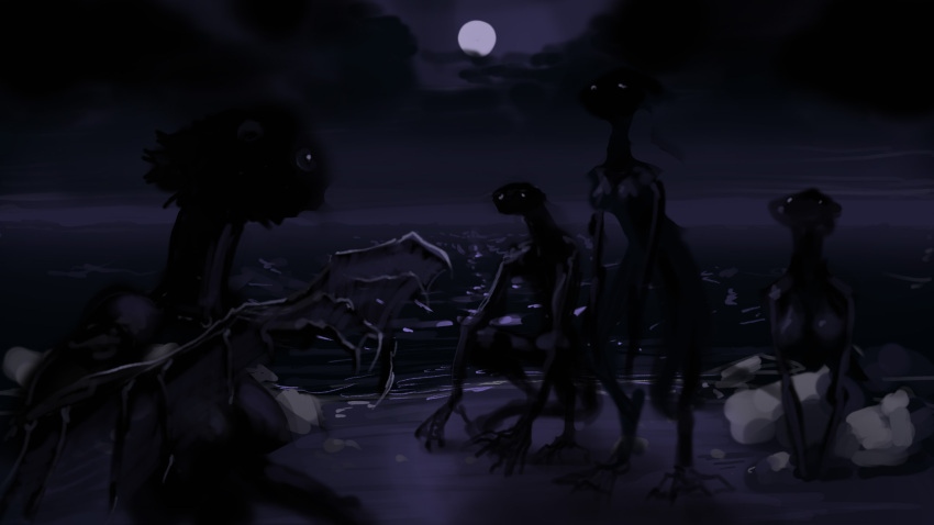 16:9 beach breasts cloud dark female group hi_res humanoid meandraco monster moon night nipples sand sea seaside water widescreen