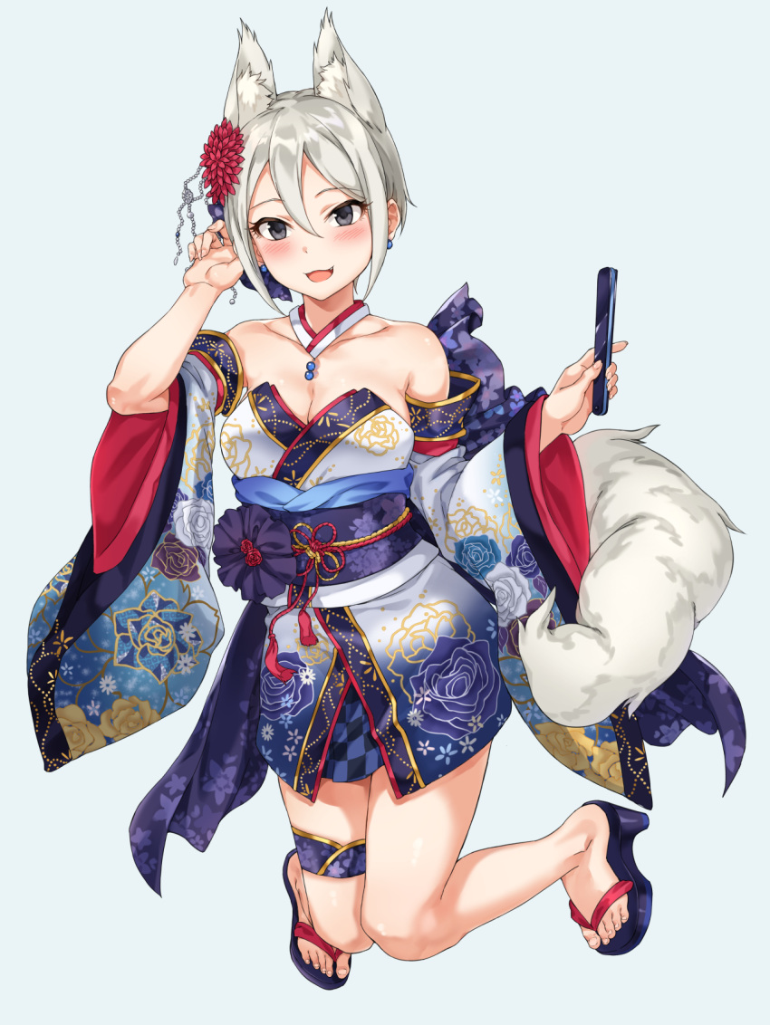 1girl animal_ear_fluff animal_ears bare_shoulders black_eyes blue_background blue_footwear blush breasts cleavage collar collarbone detached_collar detached_sleeves dot_nose earrings fake_animal_ears fake_tail floral_print flower folding_fan fox_ears fox_tail full_body furisode grey_hair hair_between_eyes hair_flower hair_ornament hand_fan hands_up highres holding holding_fan idolmaster idolmaster_cinderella_girls idolmaster_cinderella_girls_starlight_stage japanese_clothes jewelry kimono long_sleeves looking_at_viewer medium_breasts obi obiage obijime open_mouth print_kimono red_flower red_trim sash shiomi_syuko short_hair short_kimono simple_background sirurabbit smile solo strapless_kimono tail thigh_strap toenails toes white_collar wide_sleeves zouri