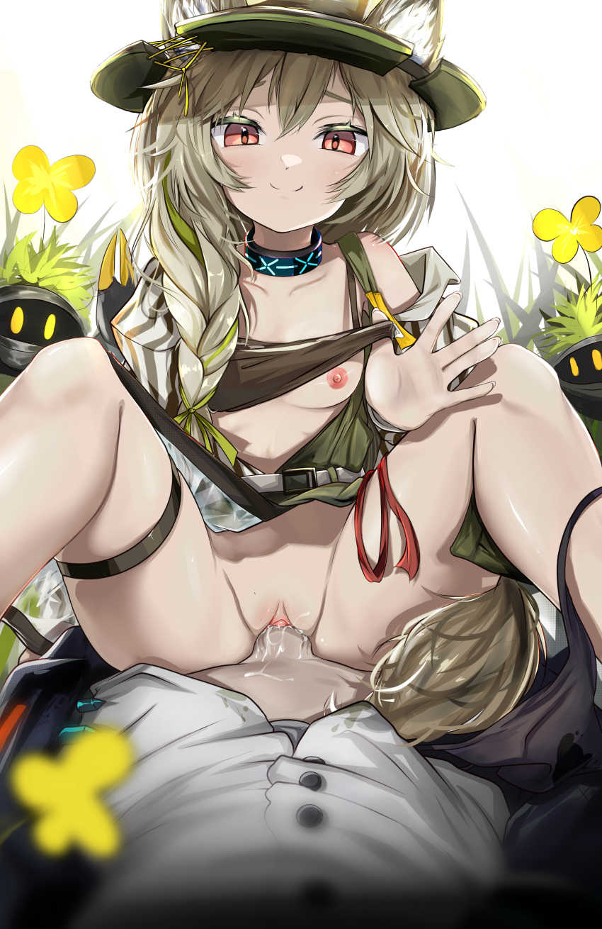 1boy 1girl absurdres animal_ears arknights bare_legs bare_shoulders beanstalk_(arknights) beanstalk_(elite_ii)_(arknights) blush bottomless braid braided_ponytail breasts clitoris clothes_lift cowgirl_position crop_top doctor_(arknights) femdom girl_on_top green_hair hair_between_eyes hand_up hat hetero highres hyena_ears hyena_girl hyena_tail infection_monitor_(arknights) jacket knees_up lifted_by_self long_hair looking_at_viewer m_legs male_doctor_(arknights) metal_crab_(arknights) midriff nipples no_bra no_panties nopetroto off_shoulder open_clothes open_jacket outdoors penis pussy pussy_juice red_eyes sex shirt_lift side_ponytail single_braid small_breasts smile solo_focus spread_legs straddling thigh_strap uncensored vaginal
