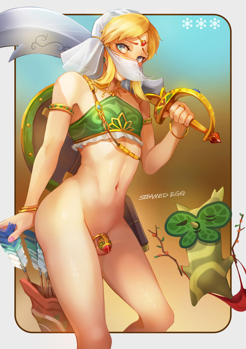 1boy arrow_(projectile) artist_name bare_shoulders blonde_hair blue_background blue_eyes blue_lips blurry blurry_background bottomless breasts brown_background bulge chastity_cage crossdressing feet_out_of_frame gerudo_set_(zelda) gradient_background highres holding korok link looking_at_viewer looking_to_the_side male_focus medium_breasts midriff mouth_veil nail_polish navel no_panties otoko_no_ko parted_bangs pink_nails quiver scimitar shadow shield_on_back solo steamed_egg sword the_legend_of_zelda the_legend_of_zelda:_breath_of_the_wild thighs veil weapon white_sleeves