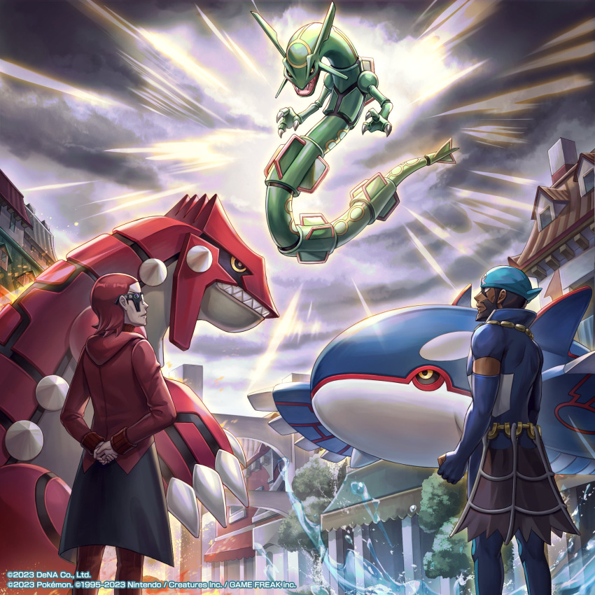 2boys archie_(pokemon) arms_behind_back bandana beard belt blue_bandana bodysuit building claws cloud cloudy_sky coat commentary dark-skinned_male dark_skin diving_suit dragon eastern_dragon facial_hair groudon highres kyogre looking_up male_focus maxie_(pokemon) multiple_boys official_art outdoors pokemon pokemon_(creature) pokemon_(game) pokemon_masters_ex pokemon_oras rayquaza sky standing team_aqua team_magma waist_cape water watermark wetsuit