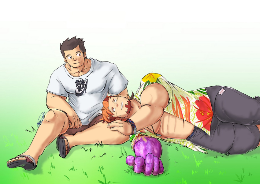 bara boogeyman_(housamo) brown_shorts bulge colored_skin eye_contact facial_hair from_side full_body goatee grass hand_on_another's_leg hawaiian_shirt jewelry lap_pillow long_sideburns looking_at_another male_focus mario_(mariwoaa) mature_male multicolored_hair muscular muscular_male open_clothes open_shirt pants pectoral_cleavage pectorals pendant plump protagonist_3_(housamo) purple_skin revision sandals scar scar_on_face shirt short_hair short_shorts shorts sideburns sitting solo_focus thick_eyebrows tokyo_afterschool_summoners translation_request two-tone_hair yaoi