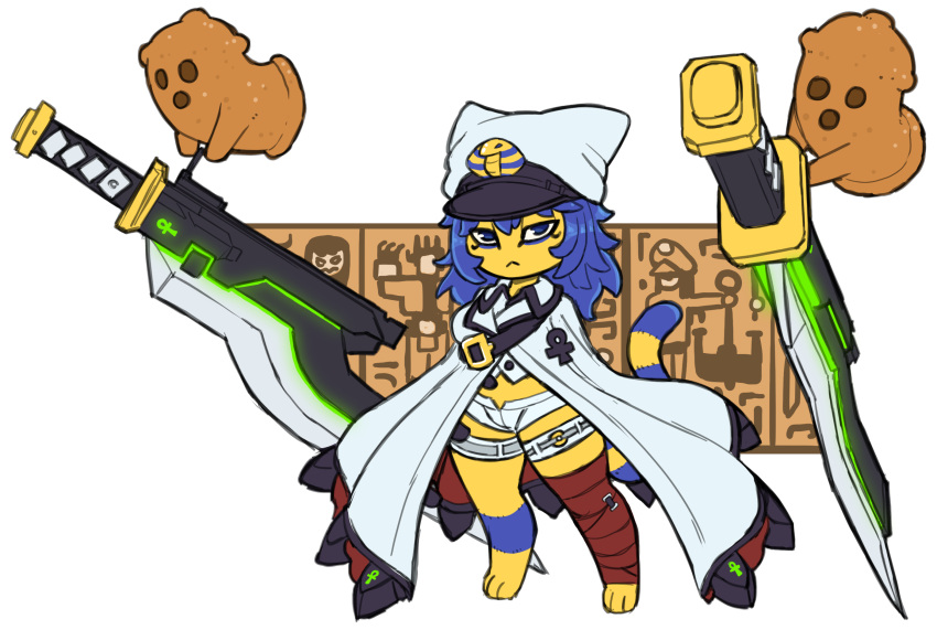 animal_crossing ankha_(animal_crossing) anthro arc_system_works blue_hair clothed clothing female fur guilty_gear gyroid hair hi_res looking_at_viewer makeup nintendo ramlethal_valentine siebedraws simple_background solo weapon yellow_body yellow_fur