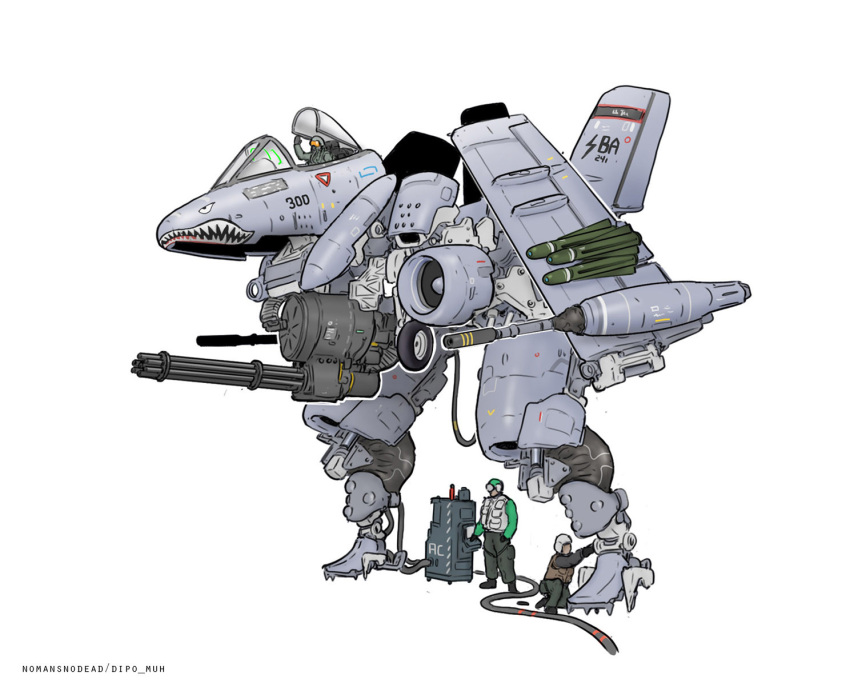 aircraft airplane cable cannon canopy_(aircraft) english_commentary gatling_gun gerwalk gun gunpod helmet highres hose jet m61_vulcan machine_gun machinery macross mecha nomansnodead original pilot robot robotech science_fiction shark_nose_art signature transformation variable_fighter weapon white_background