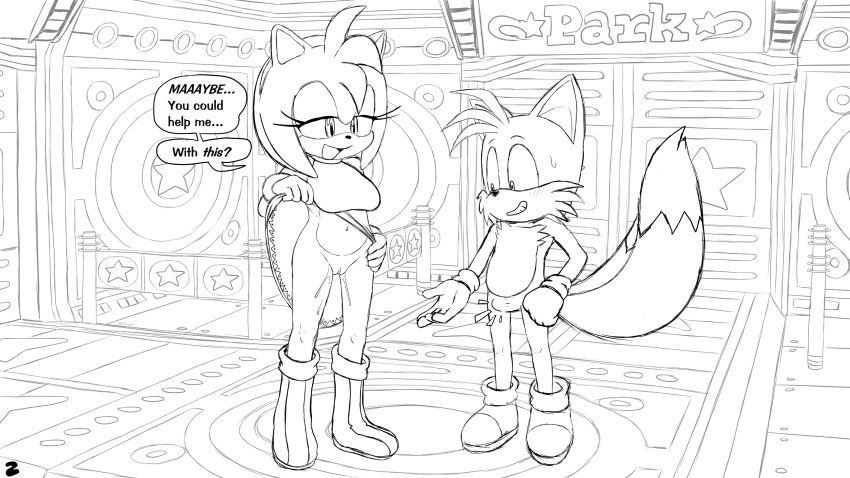 absurd_res amy_rose bodily_fluids bottomless clothed clothing comic erection excito female genital_fluids genitals hi_res male miles_prower partially_clothed pussy pussy_juice sega sonic_the_hedgehog_(series) speech_bubble sweat sweatdrop text twinkle_park
