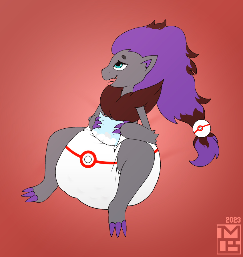 2023 anthro biped blue_eyes candy claws clothed clothing dessert diaper diaper_only fan_character food front_view fur generation_5_pokemon grey_body grey_fur hair hi_res imces looking_pleasured male marshmallow messing_diaper mostly_nude nintendo open_mouth pokeball pokeball_diaper pokemon pokemon_(species) premier_ball purple_claws purple_hair red_background shiny_pokemon simple_background sitting solo tongue tongue_out topless wearing_diaper zor_(nya4) zoroark