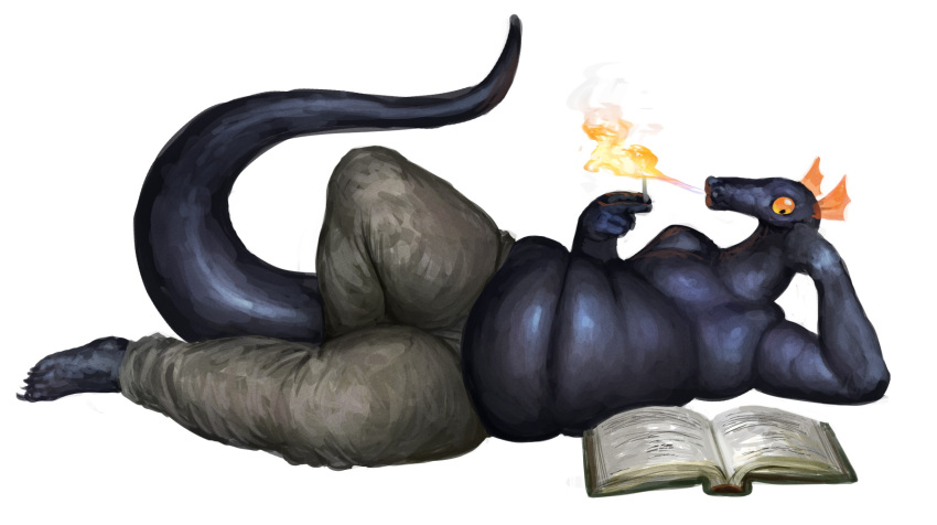 2023 anthro barefoot belly bent_leg black_body black_skin book bottomwear breath_powers cettus cigarette clothed clothing dragon elemental_manipulation feet fire fire_breathing fire_manipulation frill_(anatomy) fritjof head_on_hand hi_res holding_cigarette holding_object lying male on_side orange_eyes overweight overweight_anthro overweight_male pants pants_only partially_clothed reading reading_book reclining scalie simple_background smoking solo tail thick_tail topless white_background