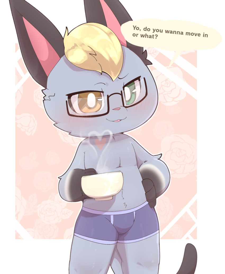 animal_crossing anthro beverage blonde_hair boxer_briefs boxer_briefs_only clothed clothing coffee dialogue dipstick_arms domestic_cat english_text felid feline felis fur geometric_background grey_body grey_fur hair hand_on_hip heterochromia hi_res looking_at_viewer male mammal navel nintendo portrait purple_boxer_briefs purple_clothing purple_underwear raymond_(animal_crossing) simple_background smite_(artist) solo steam tail text three-quarter_portrait topless underwear underwear_only