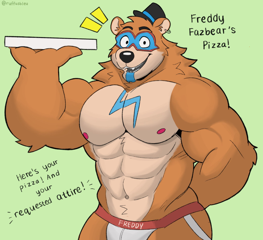 2023 abs anthro barazoku bear biceps big_muscles box bulge clothed clothing container delivery_(commerce) dialogue ear_piercing ear_ring emanata english_text eyebrows facial_markings five_nights_at_freddy's five_nights_at_freddy's:_security_breach fur glamrock_freddy_(fnaf) green_background hand_behind_back hat head_markings headgear headwear hi_res holding_object huge_muscles jockstrap jockstrap_only looking_at_viewer male mammal markings muscular muscular_anthro muscular_male navel nipples obliques open_mouth open_smile pecs piercing pizza_box ring_piercing ruffusbleu scottgames simple_background smile solo standing steel_wool_studios talking_to_viewer teeth text top_hat topless topless_anthro topless_male tuft underwear underwear_only url wide_eyed