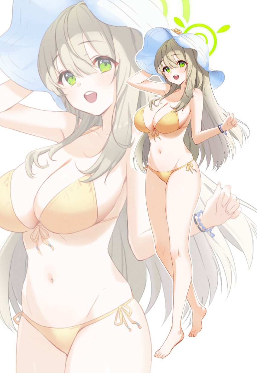 1girl absurdres ash_(cat7evy) bikini blue_archive blush bracelet breasts cleavage collarbone front-tie_bikini_top front-tie_top full_body green_eyes green_halo halo highres jewelry large_breasts light_brown_hair long_hair looking_at_viewer nonomi_(blue_archive) nonomi_(swimsuit)_(blue_archive) open_mouth side-tie_bikini_bottom sidelocks simple_background solo standing swimsuit white_background white_hair yellow_bikini zoom_layer
