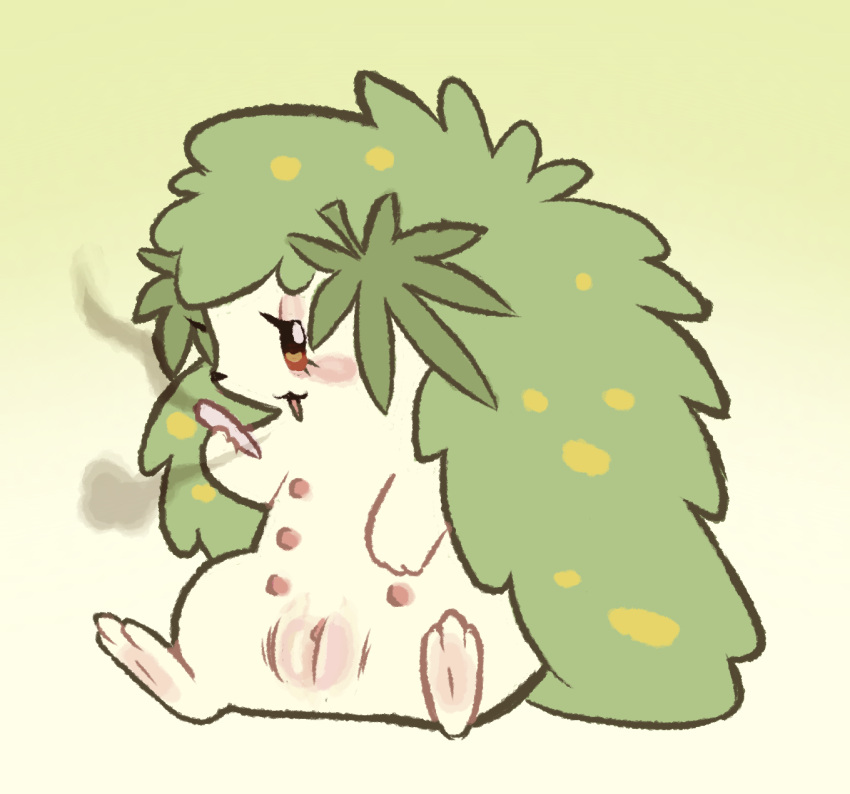 6_nipples alternate_form drugs female generation_4_pokemon genitals hi_res labbit1337 land_forme_shaymin legendary_pokemon marijuana multi_nipple nintendo nipples pokemon pokemon_(species) pussy semi-anthro shaymin sitting smoking_weed solo