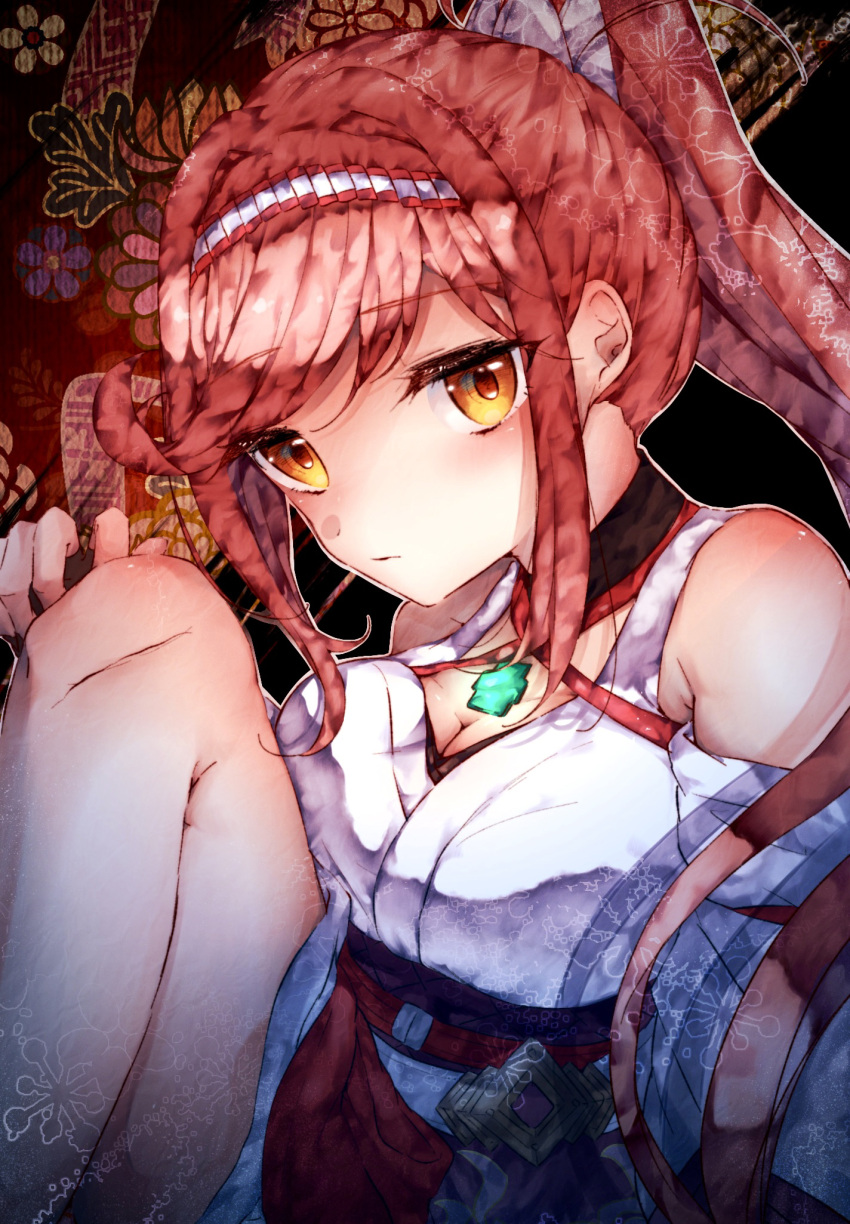 1girl bare_shoulders black_choker black_gloves breasts chest_jewel choker cleavage closed_mouth detached_sleeves eyes_visible_through_hair fingerless_gloves glimmer_(xenoblade) gloves hair_intakes hairband high_ponytail highres japanese_clothes kimono long_hair medium_breasts nemu_(ut_kakinotane) pink_hair ponytail purple_sash red_hairband red_pupils sash solo swept_bangs two-tone_hairband white_hairband white_kimono white_sleeves xenoblade_chronicles_(series) xenoblade_chronicles_3 xenoblade_chronicles_3:_future_redeemed yellow_eyes