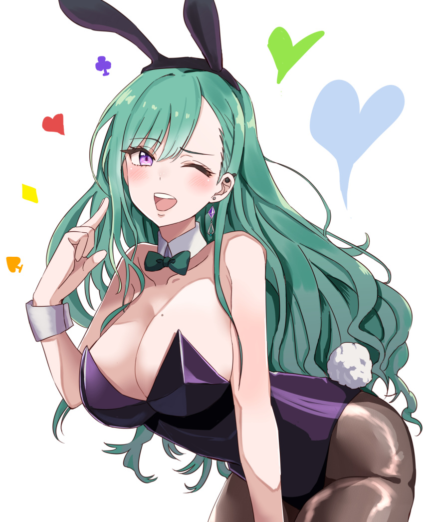 1girl ;d animal_ears bare_shoulders bent_over black_hairband blush bow bowtie breasts brown_pantyhose detached_collar ear_piercing earrings fake_animal_ears fake_tail green_bow green_bowtie green_hair hair_behind_ear hairband heart highleg highleg_leotard highres index_finger_raised jewelry keikesu large_breasts leotard long_hair looking_at_viewer mole mole_on_breast one_eye_closed pantyhose piercing playboy_bunny purple_eyes purple_leotard rabbit_ears rabbit_tail simple_background smile solo strapless strapless_leotard swept_bangs tail traditional_bowtie transparent_background very_long_hair virtual_youtuber vspo! wrist_cuffs yakumo_beni