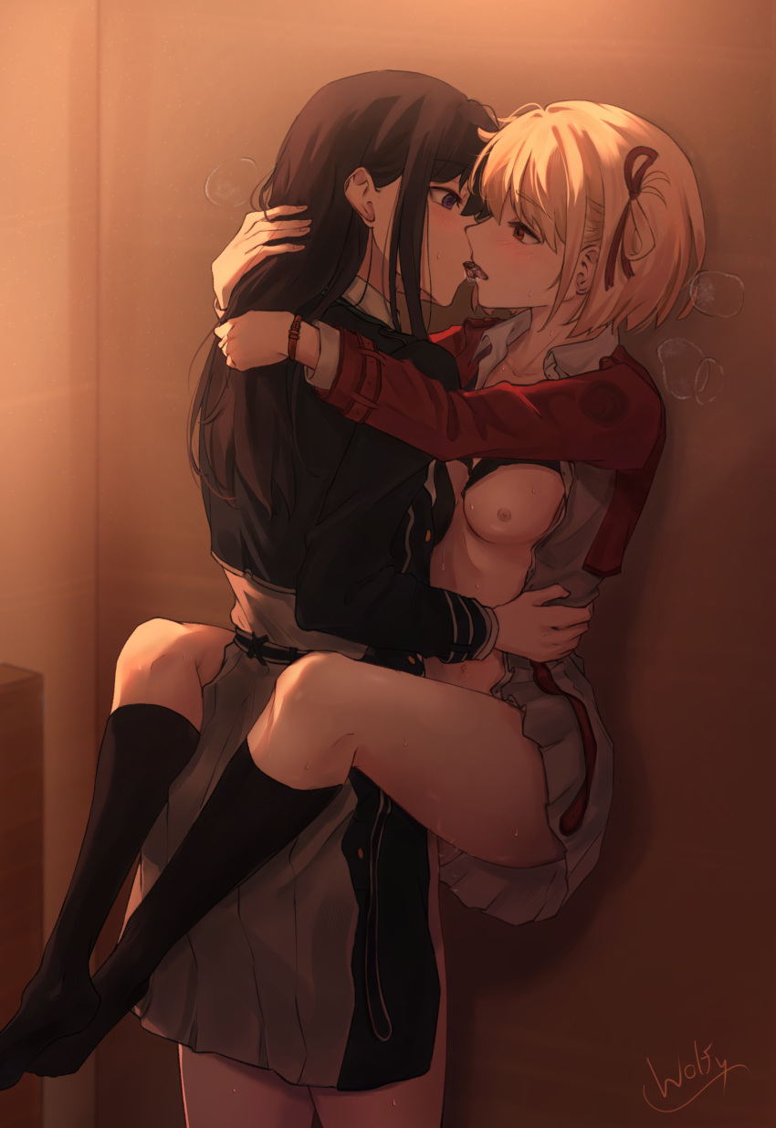 2girls absurdres against_wall arms_around_neck black_hair black_socks blonde_hair blue_dress bob_cut breasts chxoswolf collared_shirt commission dress english_commentary eye_contact french_kiss grey_dress hair_ribbon highres indoors inoue_takina kiss kneehighs leg_lock lifting_person long_hair long_sleeves looking_at_another lycoris_recoil lycoris_uniform medium_breasts multiple_girls nipples nishikigi_chisato open_clothes open_dress open_shirt pleated_dress purple_eyes red_dress red_eyes red_ribbon ribbon saliva shirt short_hair signature socks sweat two-tone_dress white_shirt yuri