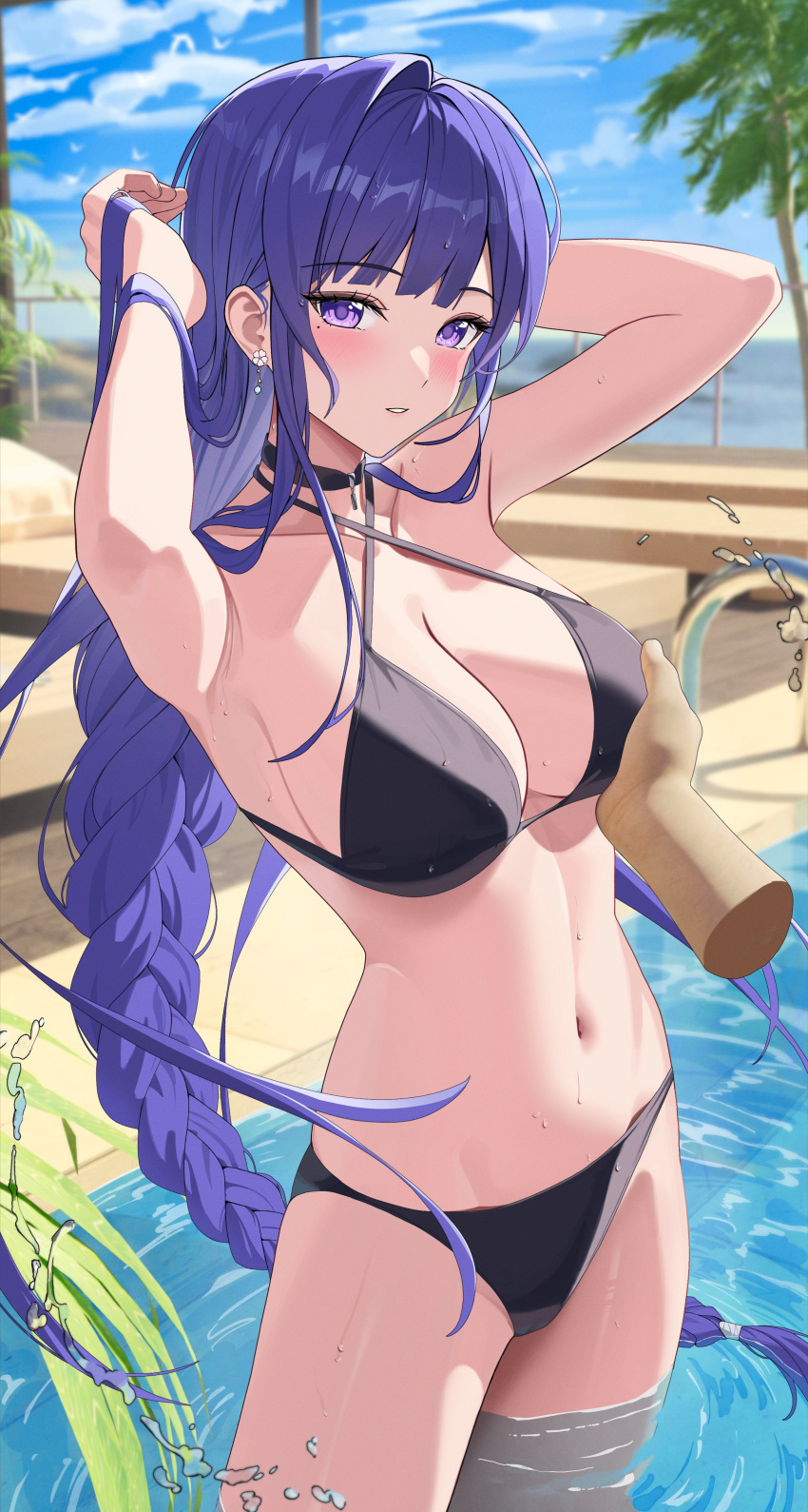 1girl absurdres armpits arms_up bikini bird black_bikini black_choker blue_sky blush braid braided_ponytail breasts choker collarbone cowboy_shot earrings genshin_impact grabbing grabbing_another's_breast hair_between_eyes highres jewelry jumonji large_breasts long_hair mole mole_under_eye navel outdoors paid_reward_available palm_tree parted_lips pool pool_ladder purple_eyes purple_hair raiden_shogun revision sidelocks sky solo_focus stomach strap_gap swimsuit tree very_long_hair wading water water_drop wet