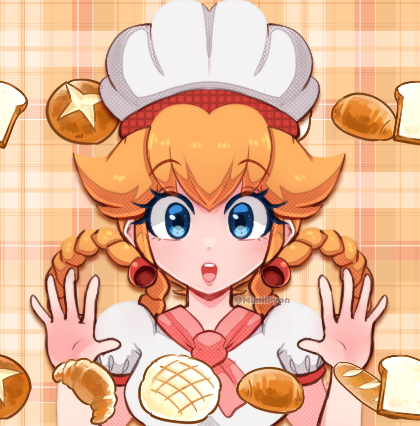 1girl absurdres baguette blue_eyes braided_hair_rings bread breasts chef_hat commentary croissant earrings food hat highres jewelry mario_(series) medium_breasts mimiipyon open_mouth orange_hair pastry_chef_peach plaid plaid_background princess_peach princess_peach:_showtime! puffy_short_sleeves puffy_sleeves short_sleeves smile solo twitter_username underwear