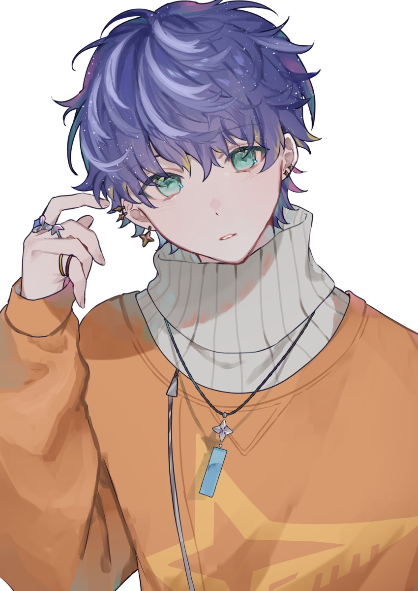 10_io 1boy astel_leda blonde_hair blue_hair earrings green_eyes hair_between_eyes hand_up highres holostars jewelry looking_at_viewer male_focus multicolored_hair multiple_rings orange_shirt parted_lips ribbed_sweater ring shirt short_hair solo sweater sweater_under_shirt turtleneck turtleneck_sweater two-tone_hair upper_body virtual_youtuber white_background zipper