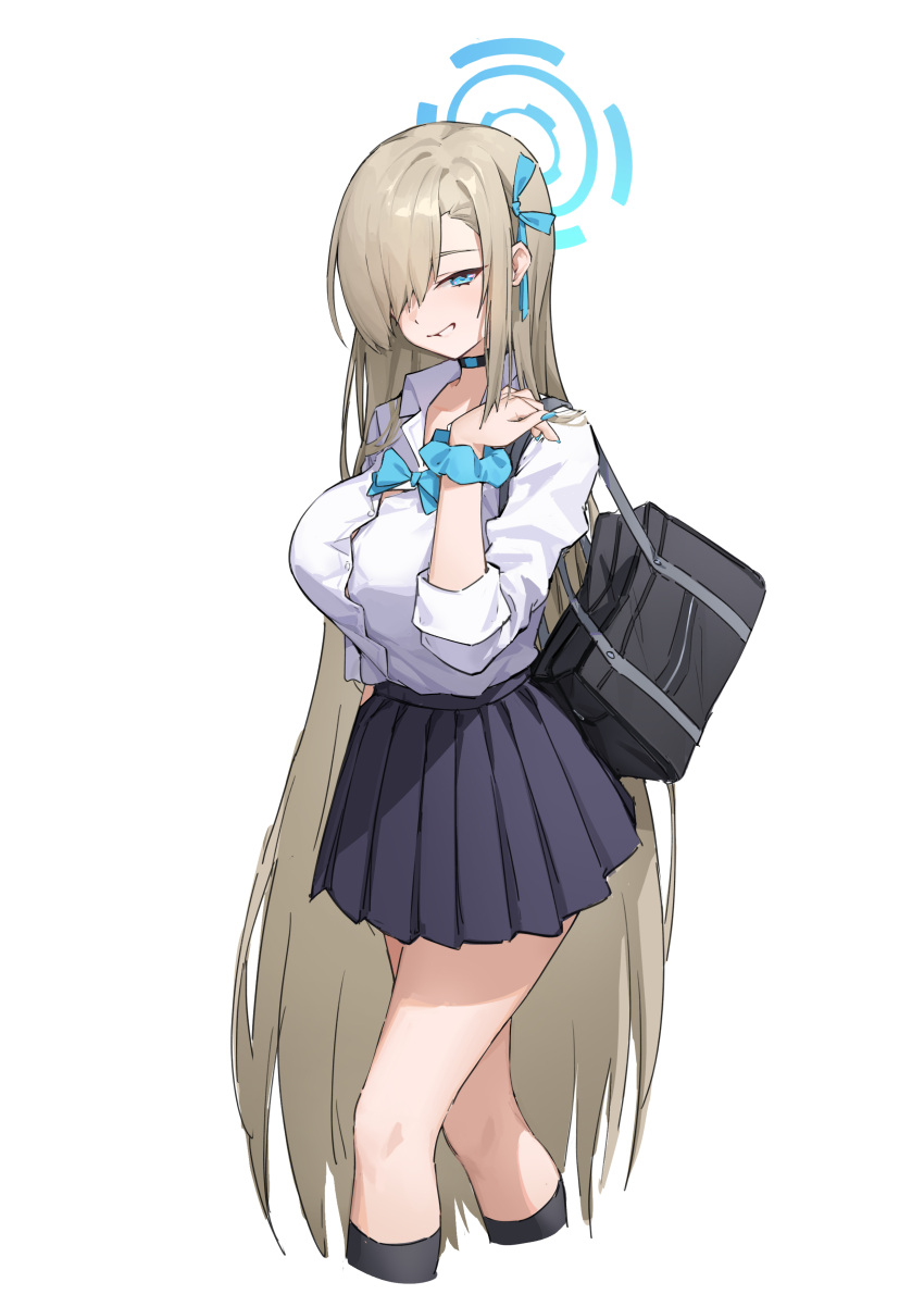 1girl absurdres asuna_(blue_archive) asymmetrical_bangs bag black_skirt black_socks blue_archive blue_eyes bow bowtie breasts brown_hair choker cropped_legs hair_over_one_eye halo highres ken_rqll large_breasts light_brown_hair long_hair looking_at_viewer open_mouth pleated_skirt school_bag scrunchie shirt shirt_tucked_in shoulder_bag sidelocks skirt smile socks solo very_long_hair white_shirt wrist_scrunchie