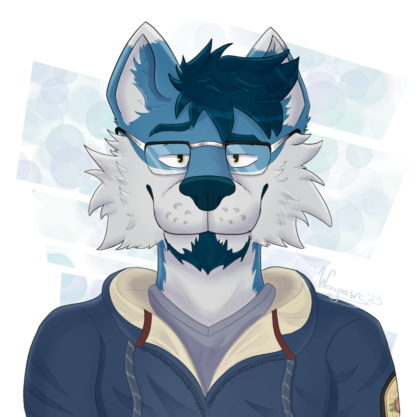 allister_smith_(woopaws) anthro beard canid canine canis clothing eyewear facial_hair glasses hi_res hoodie male mammal sly smile solo topwear wolf woopaws