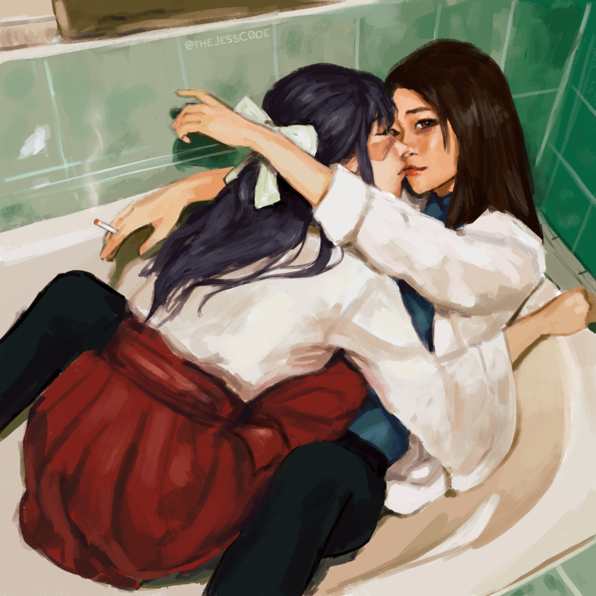 2girls absurdres bathtub black_hair bow brown_hair character_request cigarette closed_eyes closed_mouth commentary copyright_request english_commentary facing_another feet_out_of_frame hair_ribbon highres holding holding_cigarette japanese_clothes long_hair long_sleeves looking_at_viewer miko multiple_girls ribbon scar scar_on_face sleeves_past_elbows thejessc0de twitter_username white_bow yuri