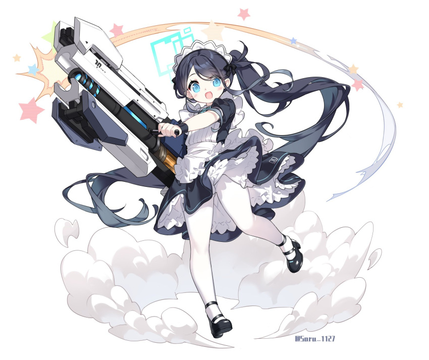 1girl apron aris_(blue_archive) aris_(maid)_(blue_archive) artist_name black_dress black_footwear black_hair blue_archive blue_eyes blue_halo blush commentary_request dress frilled_apron frills gun halo highres holding holding_gun holding_weapon long_hair looking_at_viewer maid maid_apron maid_headdress official_alternate_costume open_mouth pantyhose puffy_short_sleeves puffy_sleeves railgun saru short_dress short_sleeves side_ponytail solo star_(symbol) twitter_username very_long_hair weapon white_apron white_pantyhose wrist_cuffs