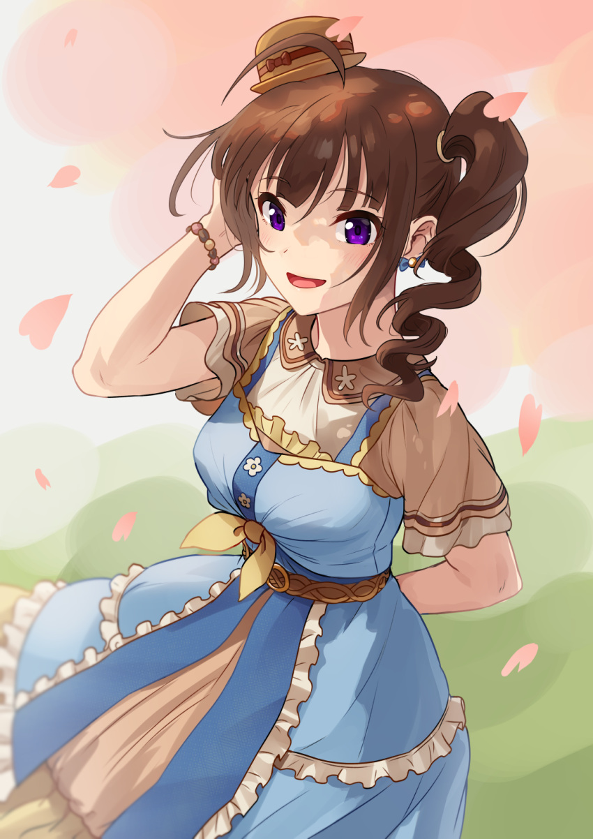 1girl ahoge blue_dress bracelet brown_hair brown_shirt burger collared_shirt commentary dress drill_hair earrings english_commentary food food-themed_hair_ornament frilled_dress frills hair_ornament hair_tie highres idolmaster idolmaster_million_live! jewelry kamille_(vcx68) looking_at_viewer medium_dress medium_hair open_mouth petals pinafore_dress purple_eyes shirt side_drill side_ponytail sidelocks smile solo standing wind yokoyama_nao