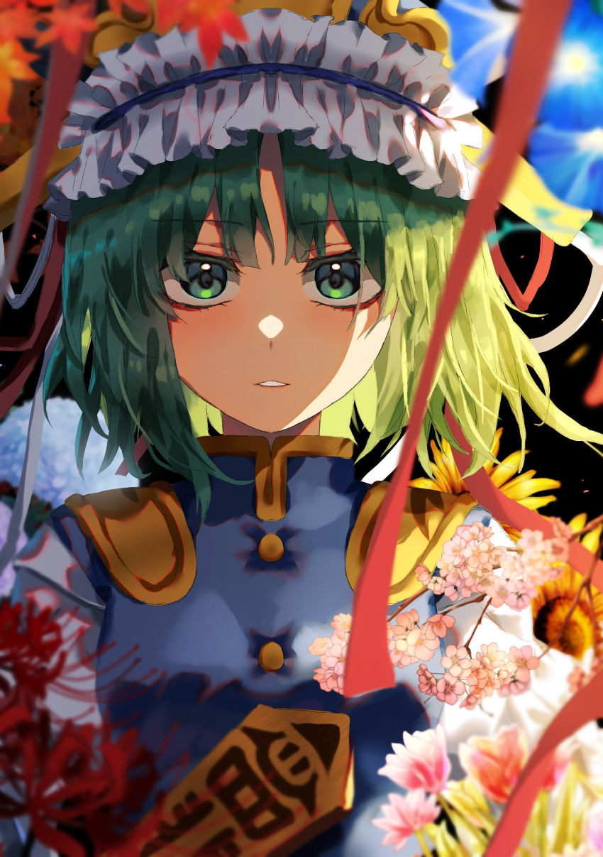1girl buttons commentary epaulettes flower frilled_hat frills green_eyes green_hair hat highres leaf looking_at_viewer parted_lips pink_flower red_flower red_ribbon ribbon shiki_eiki solo spider_lily touhou tsuyuji_shigure upper_body