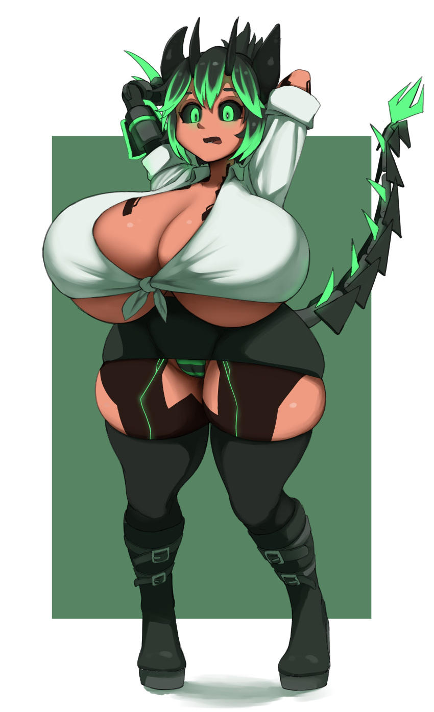 absurd_res big_breasts black_hair black_sclera breasts cleavage clothed clothing demon demon_humanoid female forked_tail green_eyes green_hair hair hands_behind_head hi_res horn huge_breasts huge_thighs humanoid hyper hyper_breasts multicolored_hair open_mouth pointed_tail sakanadaze solo standing tail thick_thighs under_boob unknown_character unusual_anatomy unusual_tail wide_hips