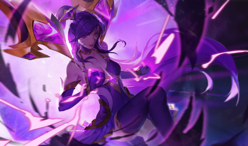 1girl bare_shoulders breasts cleavage closed_mouth elbow_gloves facial_mark feet_out_of_frame gem gloves highres kai'sa l+_(colour0816) league_of_legends long_hair looking_at_viewer medium_breasts multicolored_background pleated_skirt purple_glvoes purple_hair purple_thighhighs skirt smile solo star_guardian_kai'sa thighhighs