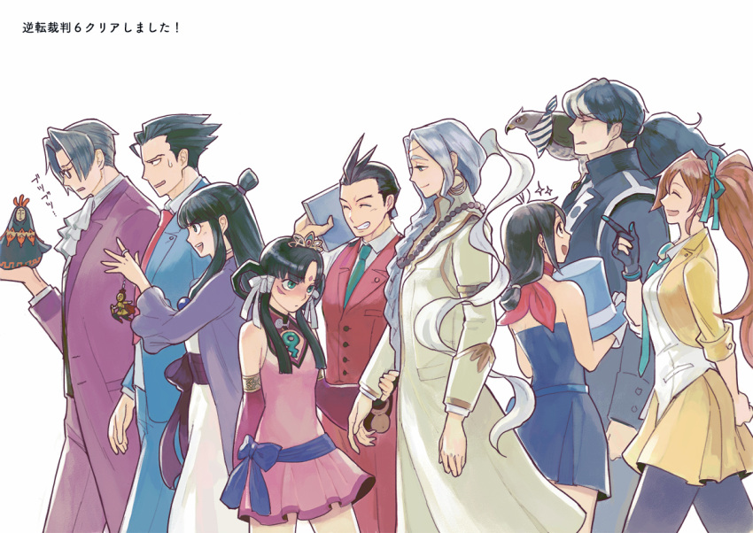 4girls 5boys ace_attorney animal_on_shoulder antenna_hair apollo_justice athena_cykes bird bird_on_shoulder black_hair blue_headwear blush bow braid brown_hair closed_eyes coffee_beans_(5offee8eans) collared_shirt cropped_jacket detached_sleeves dress facial_mark forehead_mark from_side gloves green_eyes hair_rings half_updo hanten_(clothes) hat hawk jacket japanese_clothes kimono long_hair long_sleeves magatama maya_fey miles_edgeworth multicolored_hair multiple_boys multiple_girls nahyuta_sahdmadhi necktie open_mouth orange_hair pants partially_fingerless_gloves phoenix_wright phoenix_wright:_ace_attorney_-_spirit_of_justice pink_dress pink_sash profile purple_bow purple_jacket rayfa_padma_khura'in red_pants red_sleeves red_vest sash shirt short_hair side_ponytail sidelocks simon_blackquill simple_background skirt smile standing sweatdrop taka_(ace_attorney) tiara top_hat topknot trucy_wright two-tone_hair vest waist_bow white_hair white_shirt yellow_jacket yellow_skirt