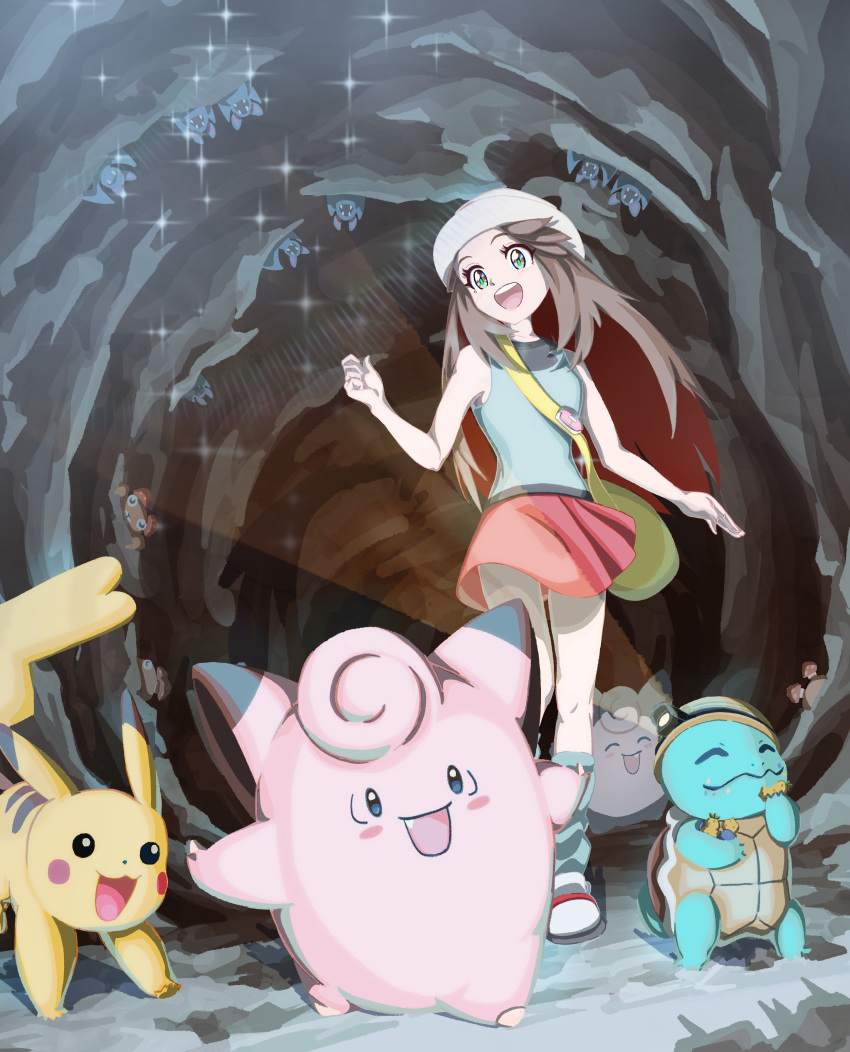 1girl :d absurdres bag brown_hair cave_interior clefairy commentary eyelashes green_eyes green_shirt hat highres keeno-ringo46 knees leaf_(pokemon) long_hair loose_socks open_mouth paras pikachu pleated_skirt pokemon pokemon_(creature) pokemon_(game) pokemon_frlg shirt shoes shoulder_bag skirt sleeveless sleeveless_shirt smile socks sparkle squirtle standing teeth tongue upper_teeth_only vs_seeker yellow_bag zubat