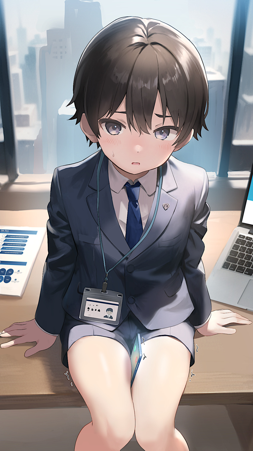 1boy badge between_thighs blue_necktie brown_hair cellphone city cityscape cocolo_(co_co_lo) computer desk formal grey_eyes highres id_card indoors laptop looking_at_viewer male_child male_focus necktie on_desk original phone short_hair short_shorts shorts sitting sitting_on_desk smartphone solo suit sweatdrop thighs window