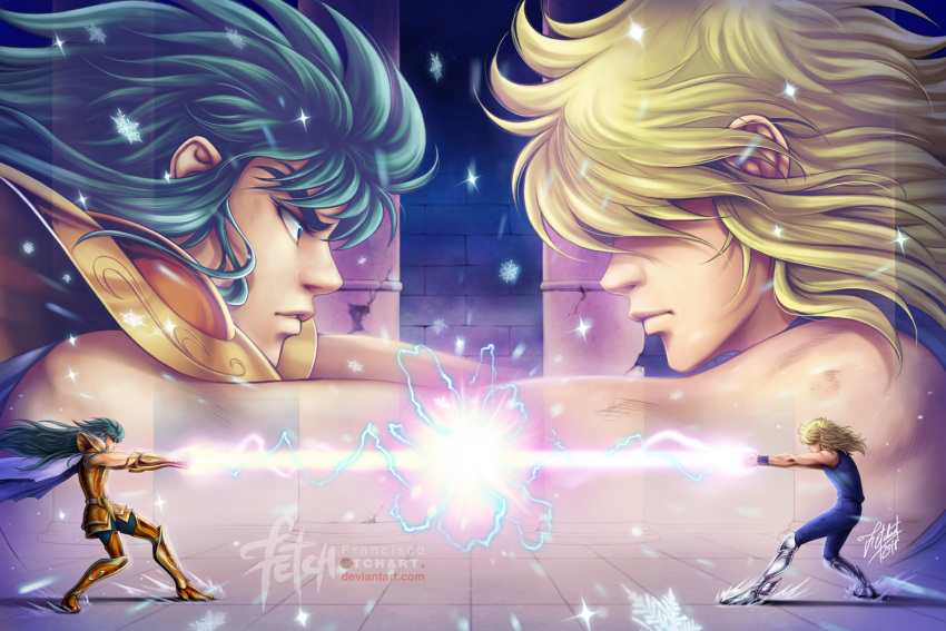 2018 2boys aqua_hair aquarius_camus armor armor_removed battle blonde_hair cape cygnus_hyouga dated deviantart_username duel energy english_commentary fake_screenshot fantasy firing franciscoetchart ice magic multiple_boys official_style saint_seiya serious signature spoilers temple