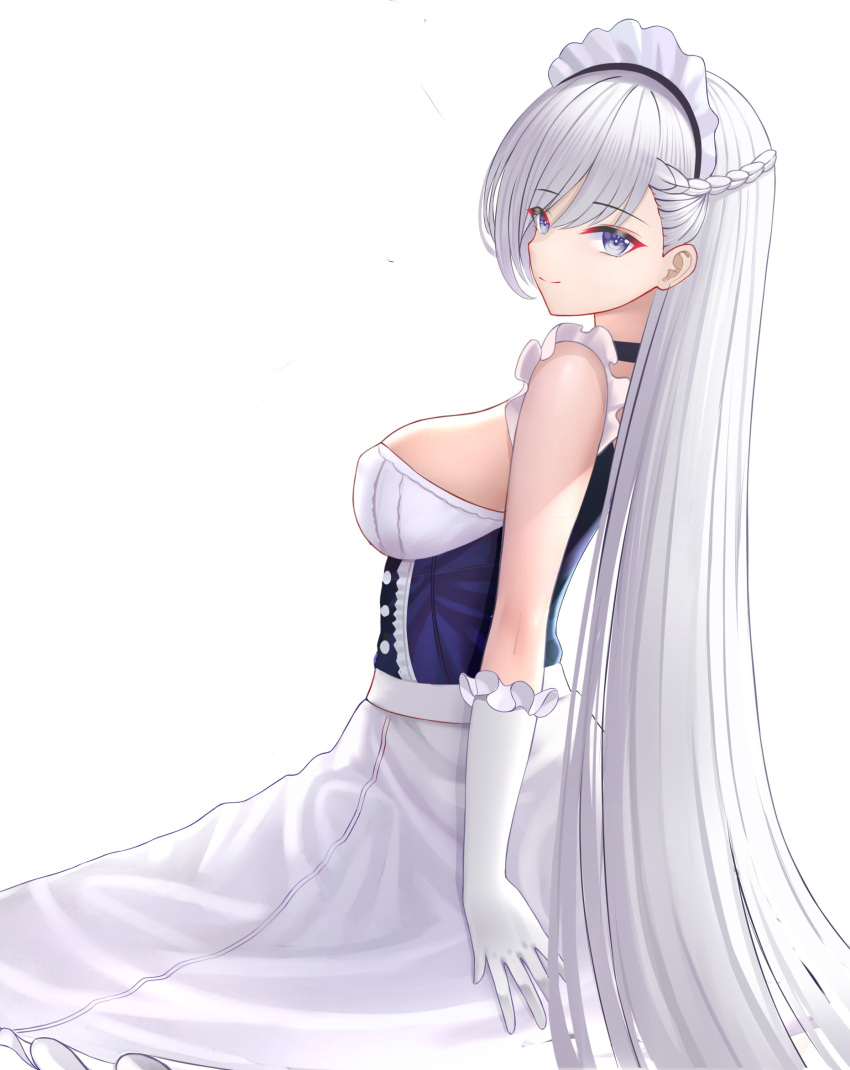 1girl apron azur_lane belfast_(azur_lane) braid breasts french_braid frilled_gloves frills from_side gloves highres large_breasts long_hair long_skirt looking_at_viewer low_neckline maid maid_headdress purple_eyes sitting skirt tina_(tinafya) white_background white_gloves white_hair