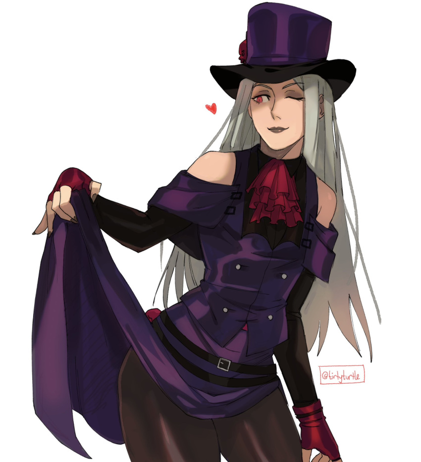 1other alternate_color androgynous ascot bare_shoulders black_pantyhose clothes_lift collar fingerless_gloves gloves grey_hair guilty_gear guilty_gear_strive hat hat_ornament highres lifted_by_self long_hair looking_at_viewer one_eye_closed other_focus pantyhose purple_headwear purple_skirt red_ascot red_eyes red_gloves skirt skirt_lift skull_hat_ornament smile studded_collar testament_(guilty_gear) tirtyturtle top_hat