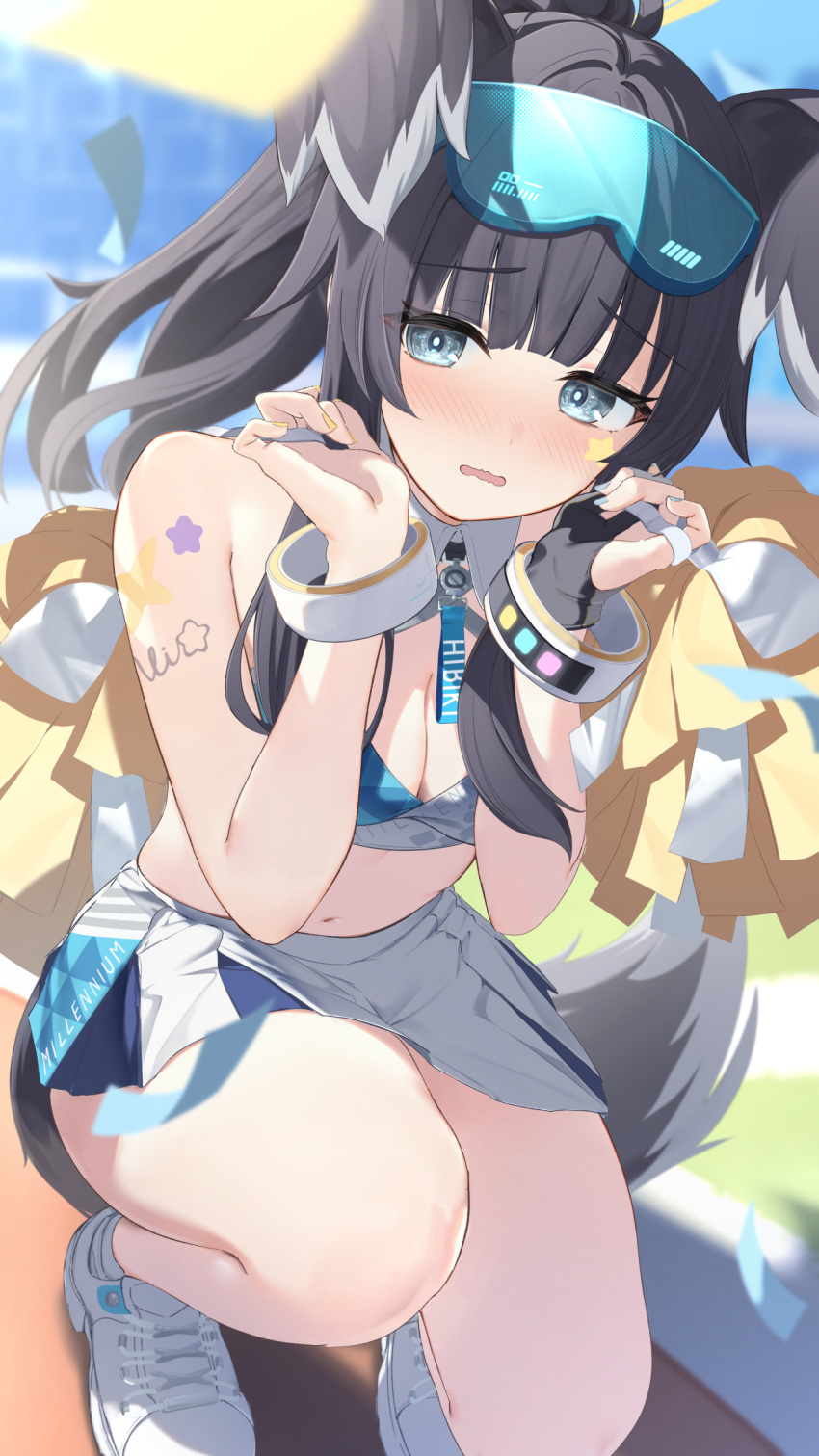 1girl animal_ears black_gloves black_hair blue_archive blue_eyes blush breasts cleavage clothes_writing detached_collar dog_ears dog_tail eyewear_on_head gloves hibiki_(blue_archive) hibiki_(cheer_squad)_(blue_archive) highres holding holding_pom_poms long_hair millennium_cheerleader_outfit_(blue_archive) nokke_o official_alternate_costume open_mouth pom_pom_(cheerleading) ponytail safety_glasses shoes sidelocks single_glove skirt sneakers solo tail white_footwear white_skirt