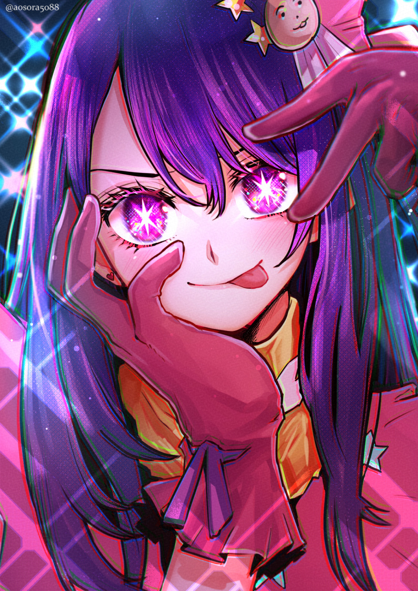 1girl aosora2823 blush bright_pupils diffraction_spikes earrings gloves hand_on_own_cheek hand_on_own_face head_rest heart heart_earrings highres hoshino_ai_(oshi_no_ko) jewelry oshi_no_ko purple_eyes purple_hair red_gloves smile solo star-shaped_pupils star_(symbol) symbol-shaped_pupils tongue tongue_out twitter_username upper_body v v_over_eye white_pupils
