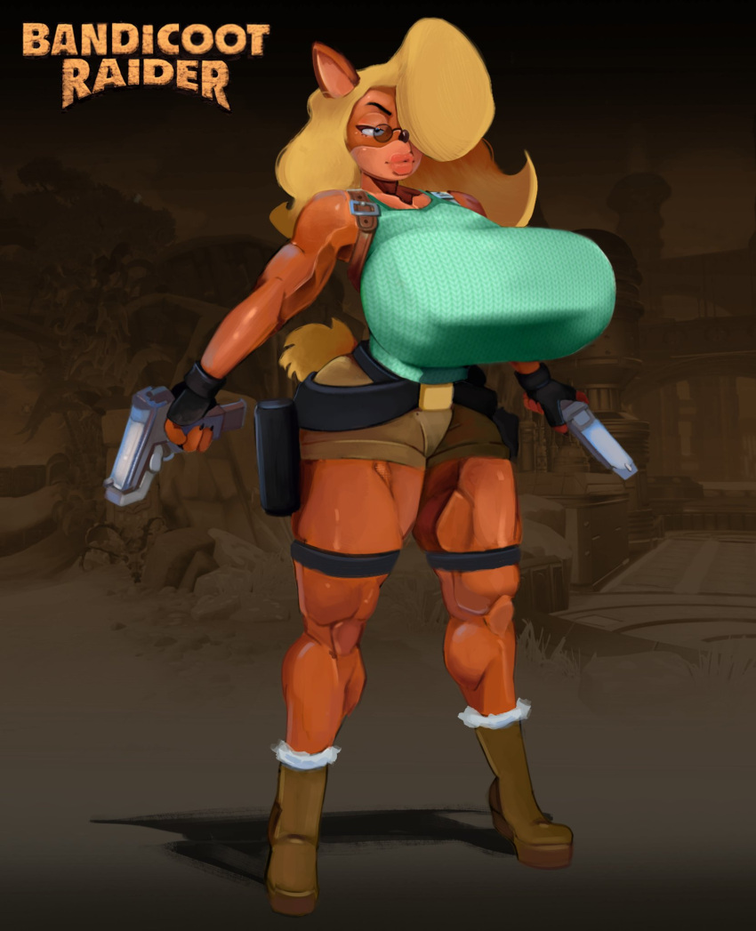 activision anthro bandicoot belt big_breasts blonde_hair breasts clothing cosplay crabtopus crash_bandicoot_(series) crossover crossover_cosplay eyewear female glasses gun hair handgun hi_res huge_breasts lara_croft lips mammal marsupial muscular muscular_anthro muscular_female muscular_thighs pistol ranged_weapon solo tawna_bandicoot thick_lips thick_thighs tomb_raider top_heavy weapon wide_hips